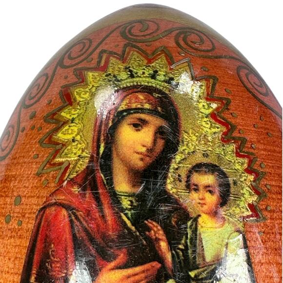 Vintage Wooden Russian Orthodox Egg with Child Religious Icon Hand Painted 3.5" - Picture 5 of 10